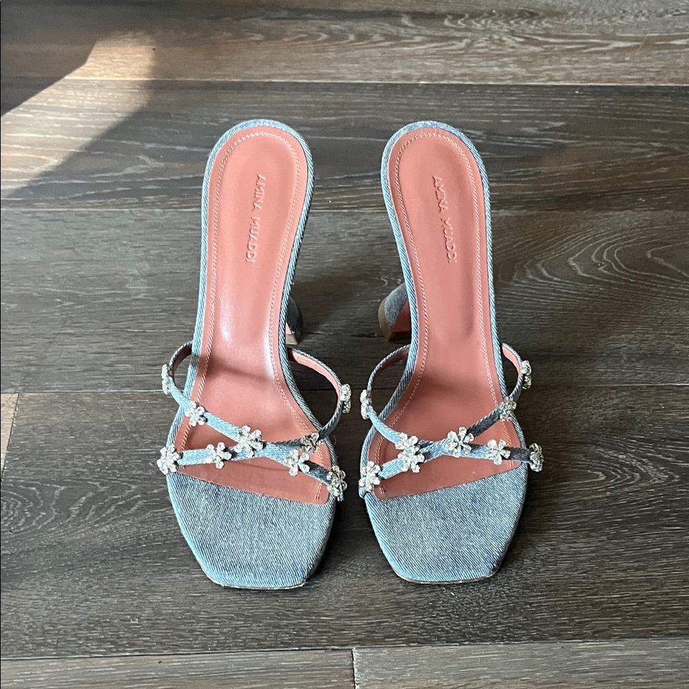 Amina Muaddi Blue Denim Heels with Floral Embellishments